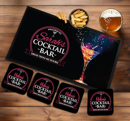 Personalisierbare Bar-Läufermatte | Untersetzer – Rosa Cocktailbar-Zubehör – 4 passende Untersetzer Set – Home Bar Zubehör für Pub Bars, Neuheit Bierläufer Geschenk für Männerhöhle Spielzimmer Café