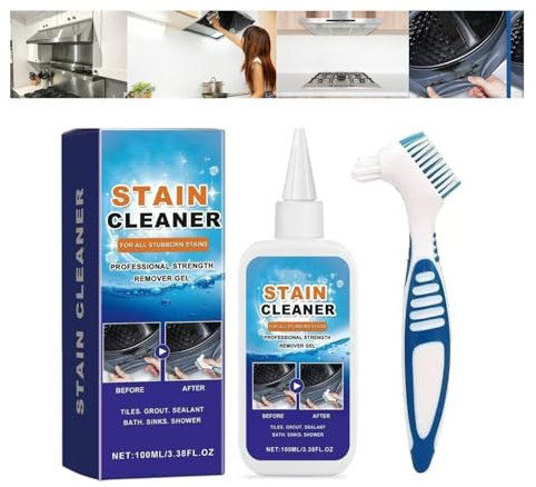 2025 Advanced Stain Remover Gel 100ml - Washing Machine Cleaner for Washing Grout, Mould & Machine Cleaner for Tiles, Refrigerator Seals, Shower Walls, Sink Stains - Eco Safe (1PC+Brush)