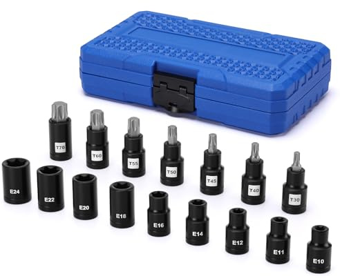 Mayouko 16 Pieces 1/2 Drive Torx Bit Socket and Female External Socket Set,T30-T70 & E10-E24, CR-V