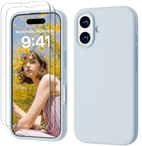 GOODVISH 3 IN 1 for iPhone 17 Case Premium Liquid Silicone, with 2X HD Screen Protector, Soft Touch Anti-Scratch Microfiber Lining Cover Shockproof Full Body Protective Phone Case 6.3 inch, Blue Grey