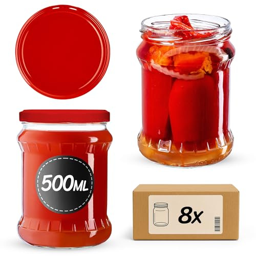 KADAX 8er Set Einmachgläser 500ml TO82 Rot, Sturzgläser Mason Jar mit Schraubdeckel, Luftdichte Twist-off Gläser, Meal Prep, Overnight Oats, Sauerteig