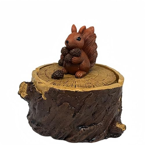 Vyloky Dekorativer Aschenbecher mit Tier-Deckel - Baumstumpf Design (Eichhörnchen, Igel, Eule, Koala) für Wohnzimmer, Balkon & Geschenk (11x11cm) (Eichhörnchen)