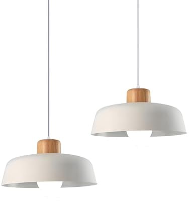 HJXDtech Nordic Modern Einfache Metall Pendelleuchte E27 Holz Lampenfassung 30cm Pendellampe Hängelampe Lebendige Farbe Für Küche Schlafzimmer Lounge (2er-Pack Weiß)