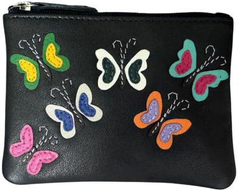 Mala Leather Juno Coin Purse – Genuine Leather Small Zip Wallet with Butterfly Appliqué, RFID Protection, Card Slot & Keyring – 12 x 9 x 1 cm – Butterflies (Black)
