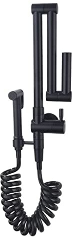 Folding Pot Filler Kitchen Faucet with Sprayer, Wall Mounted Single Cold Kitchen Sink Faucet with Double Swing Arm, Modern Brass Single Handle Retractable Pot Filler Tap (Black Sty