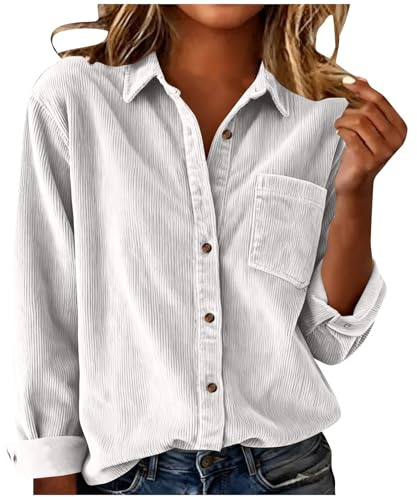 Generisch Bluse Damen Cord Einfarbig Langarm Top mit Knöpfen und Brusttasche Oberteile Frauen Kleidung für Alltag Büro Freizeit Reisen Frühling Herbst Casual