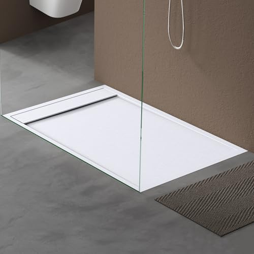 doporro Duschtasse Duschwanne 90x140x3cm aus Mineralguss in Weiß | Rechteckig Duschwanne für bodenebene Montage mit DIN-Anschlüssen – stabil & pflegeleicht für moderne Duschen Geoma10