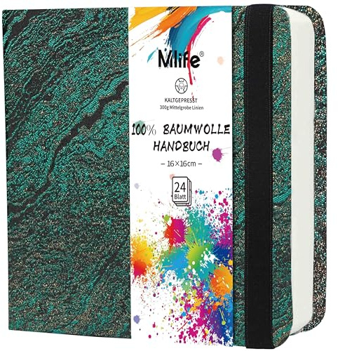 Mlife Quadratisches Doppelseitig Aquarellpapier Skizzenbuch,100% Baumwolle,300 g/m²,Säurefrei,Aquarellblock ideal für Kunstliebhaber, Erwachsene, Studenten,16,5 x 16,5 cm,Grüne Wellen