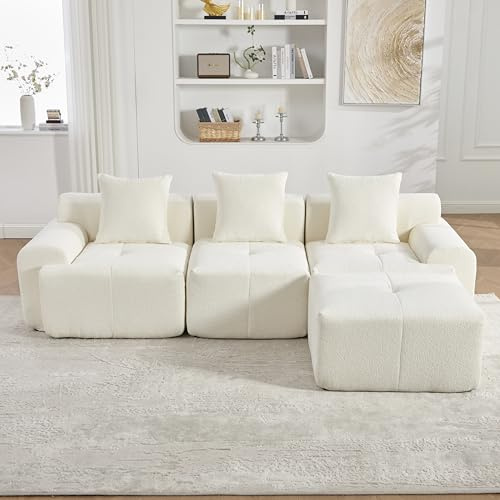 Bladez Modulares L-förmiges Ecksofa Schlafsofa mit Ottoman Hocker Wohnzimmer Couch Tiefsitz, Ohne Montage Hochelastische Schaum Komprimiertes Boneless Sofa,Weiß