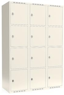 kaiserkraft | 4er-Schließfachschrank Fydor | 3 Abteile | Weiß | B 1200 mm | Flache Dachform | Vorhängeschloss