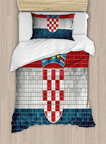 ABAKUHAUS Kroatien Bettbezugs Set für Einzelbetten, Flagge mit Mosaik-Quadraten, Milbensicher Allergiker geeignet mit Kissenbezug, 130 x 200 cm, Grau Rot