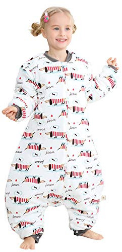 Chilsuessy Baby Ganzjahres Kinderschlafsack mit Füssen 2.5 Tog,Kleinkind Winter Schlafsack mit abnehmbar Ärmel 100% Baumwolle, Welpe/ 2.5 Tog, XXL/Baby Höhe 110-130cm