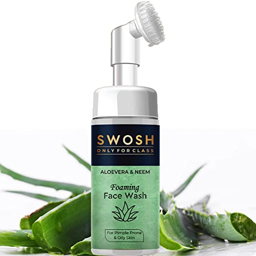 SWOSH Aloe Vera & Nem schäumendes Gesichtswasser für pickelanfällige & fettige Haut - ohne Parabene, Sulfate, Silikone & Farbe (mit integrierter Gesichtsbürste), 100 ml