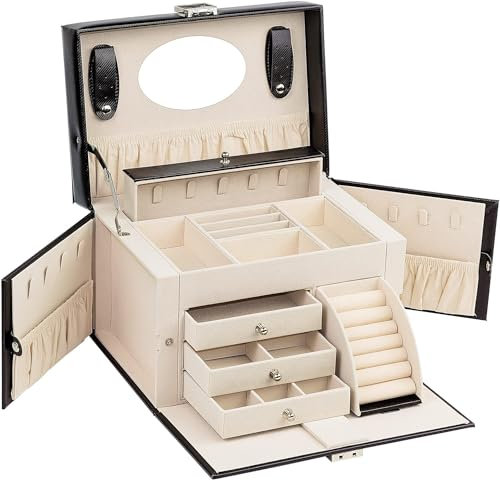 ADEL DREAM Schmuckkästchen Schmuckkoffer groß abschließbar mit Spiegel schmuck box jewellery box für Ringe Ohrringe geschenke grosser schmuckbox abschließbar Schwarz