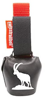 swisstrailbell® Deep Black Edition: König der Alpen, Steinbock, rotes Band, Fahrradklingel, Trailbell, Signalglocke
