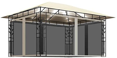 vidaXL Pavillon mit Moskitonetz LED Lichterketten Gartenzelt Partyzelt Festzelt Gartenpavillon Bierzelt Garten Zelt Outdoor Terrasse 4x3x2,73m Creme