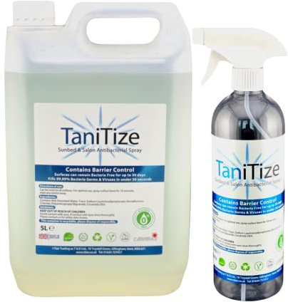 TaniTize Sunbed Sanitiser & Salon Cleaner Spray, Alcohol Free, Multi Purpose, Kills 99.99% Bacteria, Contains Barrier Control Technology. (5ltr Tub) + 750ml Trigger Bottle (empty)