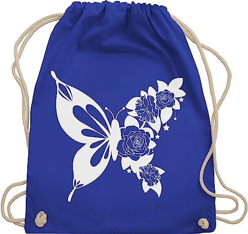 Turnbeutel Rucksack - Tiere Meerschweinchen Hase & Co. - Schmetterling mit Blumen - weiß - Unisize - Royalblau - turn beutel tiermotive blume stofftasche giraffe sporttasche tier tasche baumwolle