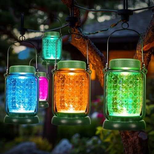 Homdat Solarlampen für Außen 4 Stück LED Solarsensorlicht für Außen IP65 Wasserdichte Solar Laternen für Draußen Solarleuchten Garten Hängend Mehrfarbige Einmachglas-Lichter für Balkon Terrasse Deko