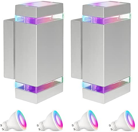 SSC-LUXon 2er Set ZORA Up Down Wandlampe Außen LED mit 4x Smarthome GU10 RGB WLAN - Wand Außenlampe IP44 grau kompatibel mit Alexa, Google, Siri