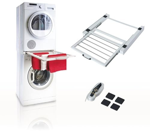 MEIN Kit Sovrapposizione Universale per Lavatrice ed Asciugatrice con Cinghie di Fissaggio Supporto Universale con Stendibianchieria Estensibile
