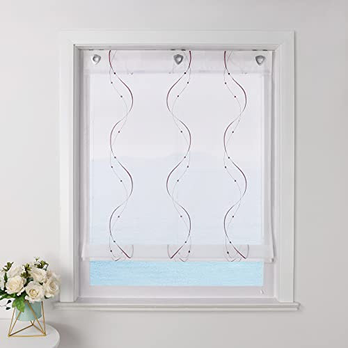 ESLIR Raffrollo ohne Bohren Weiß Raffgardine mit Ösen Transparent Gardinen mit U-Haken Ösenrollo Modern Bestickt Violett BxH 100x140cm 1 Stück