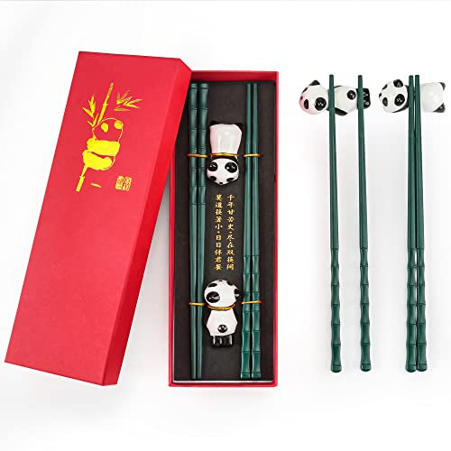 Chinesisches Stäbchen-Set, 2 Paar Bambus-Form Essstäbchen mit 2 Panda-Stäbchenhalter, wiederverwendbare rutschfeste Essstäbchen, spülmaschinenfeste Essstäbchen,Geschenk für Panda-Liebhaber(Grün)
