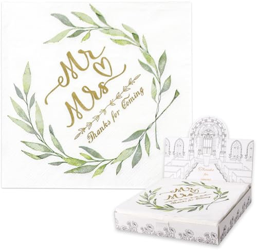 Yumcute 40 Stück Hochzeitsservietten Mr Mrs - 3-lagig 33x33 cm Mit Eukalyptus Blättern, Vintage für Party und Tischdeko
