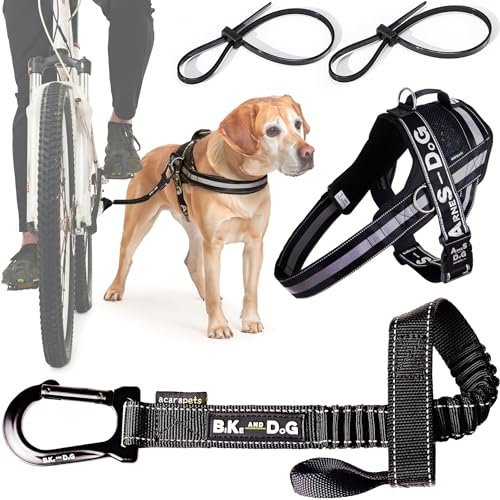 Hundeleine und Hundegeschirr für das Fahrrad, Geschirr mit seitlichen Ringen, inkl. 2 Fahrradgurte. Patentiert. (Schwarz, L)