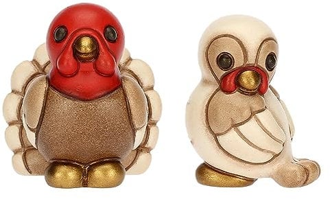 THUN - Set 2 Tacchini in Ceramica Decorata a Mano, Linea Presepe Classico, Decorazioni Natale Casa, 3.1x2.7x3.8 cm e 3.7x3.7x4 cm