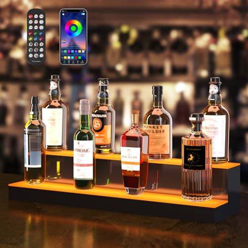 VEVOR Estante de Exhibición Comercial de Botellas de Licor Iluminado con LED, 2 Niveles, Estantes Acrílicos con Control Remoto RF y Aplicación e Iluminación Multicolor, 761 x 200 x 150 ± 5 mm