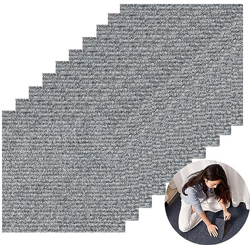 Lot de 10 carreaux de moquette à rayures autocollants, antidérapants, lavables, résistants à l'usure, pour bureau, chambre, salon, salle de bain, cuisine (gris clair, 30 x 30 cm)