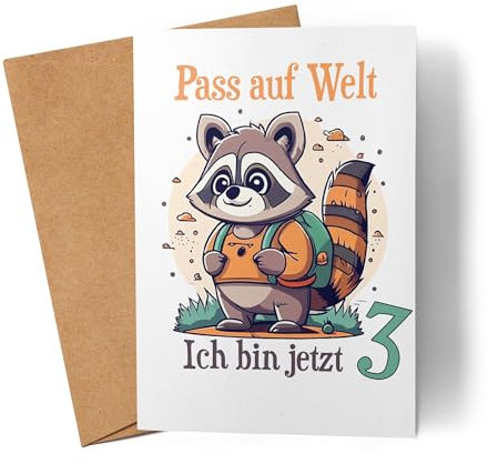 Lilavie-Design Ich bin jetzt 3 Karte Waschbär 3. Geburtstag Deko Kindergeburtstag Süß Drei Jahre
