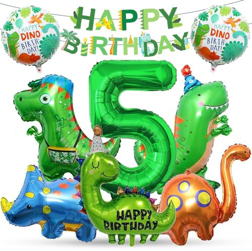 Dino Geburtstag Deko Set 5 Jahre Dino Deko Kindergeburtstag XXL Dinosaurier Kindergeburtstag Deko Dinosaurier Luftballon mit Happy Birthday Girlande für Geburtstag Dekoration Jungen