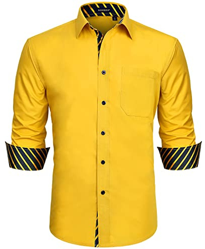 HISDERN Mens Shirts Long Sleeve Shirt for Men Casual Shirts Slim Fit Formal Button Shirts Dress Shirt 6XL Yellow