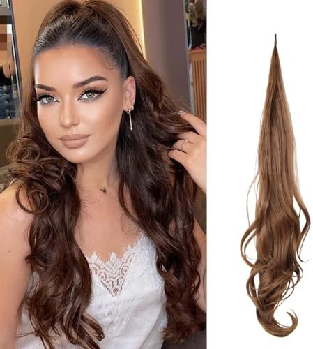 Flexibler Wickel Um Pferdeschwanz 32 Zoll, Braun Ponytail Synthetic Hair Zopf Haarverlängerung Haarteil, Aarverlängerung Natürliches Lang Gewellt Verlängerung Für Damen, 100g