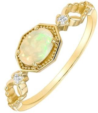 Ayoiow Ring für Frauen Gold 14K Mit Ovalem Opal Und Rundem Cubic Zirkonia Ringe für Damen Gold