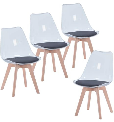 Uderkiny 4er-Set Esszimmerstuhl, Moderne transparente Esszimmerstühle, Skandinavischer Stuhl, Transparentes PP-Material+Beine aus Buchenholz, geeignet für Wohnzimmer/Esszimmer/Küche (Schwarz PU, 4)