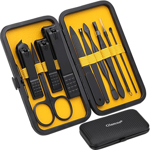 Glamne Manicure Set Nail Clippers Kit Professional Stainless Steel Nail Care Tools with Leather Travel Case 10 in 1 Yellow
