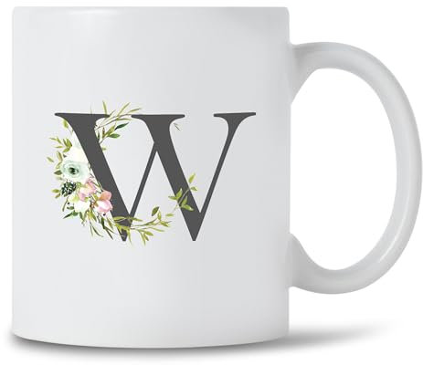 Seriously Frank Personalised Floral Initial Coffee Mug, Grey Text, A-Z Letters of The Alphabet Decorated with Flowers (Initial W)