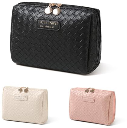 Trousse de Toilette Femme,Petite Pochette Maquillage Portable,Imperméable Multifonctionnel PU Trousse de Maquillage avec Fermeture éclair (Noir Petit)