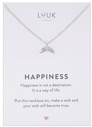 LUUK LIFESTYLE Halskette mit Meerjungfrau I Flossen Anhänger und HAPPINESS Slogan, modernes Accessoire für den Urlaub, in angesagtem Boho Style, Silber