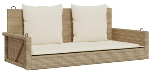 vidaXL Banco colgante con cojín, columpio colgante con anillos de fijación, banco balancín para exterior, columpio de jardín, moderno, beige polirratán
