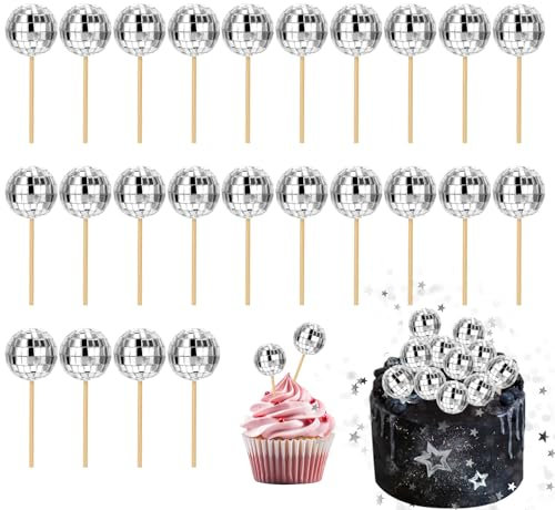Giantree 24 Stück Discokugel Tortendeko, Disco Cupcake Toppers Discokugel Kuchen Toppers Disco Deko Silberne Spiegelkugel Mini Disco Kugeln Toppers für Disco-Thema Party Zubehör