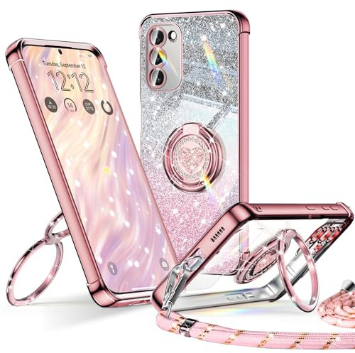 XYZ Cover per Samsung Galaxy S20 FE, Custodia con Cuore Doppio Anello Stand Lusso Glitter Cellulare, Donne Antiurto Placcato Morbido Protettivo Chiaro Samsung S20 FE, Oro Rosa