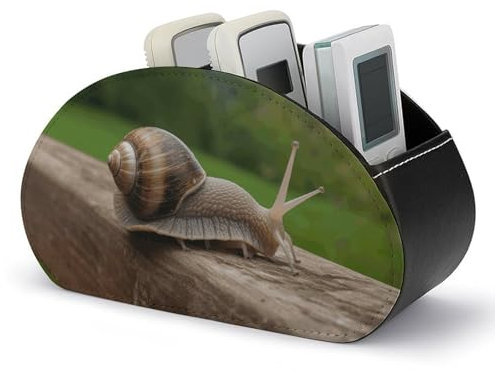 Snail on Wooden Railing Remote Control Holders Waterproof Pu Leather TV Remote Holder Desktop Storage Organizers Remote Caddy Box with 5 Compartments for TV Remotes/Media Controllers/Office Supplies