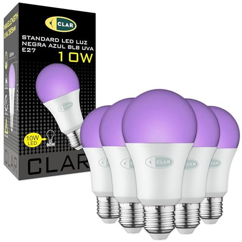 CLAR - Schwarzlicht LED, Schwarzlicht Röhre, Disco Glühbirne, Schwarzlicht Glühbirne, Black Light Lamp, Schwarzlicht Birne, LED Schwarzlicht, UV Glühbirne, Schwarzlicht E27, 10 W (Pack 5)