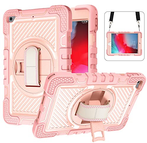 ERDARARIPRO Custodia per tablet Apple iPad mini 4 (2015)/iPad mini 5 (2019), custodia antiurto con supporto girevole a 360° e cinturino da polso, tracolla oro rosa