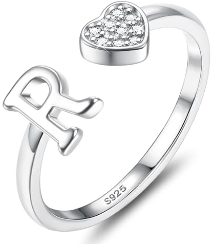 JeweBella Herz Ring Silber 925 Damen mit Buchstaben A-Z Verstellbar | Engagement Promise Ring,Stapeln Daumenring.Fingerring,Eheringe,Verlobungsring, Initiale Ringe Frauen Mädchen mit Box