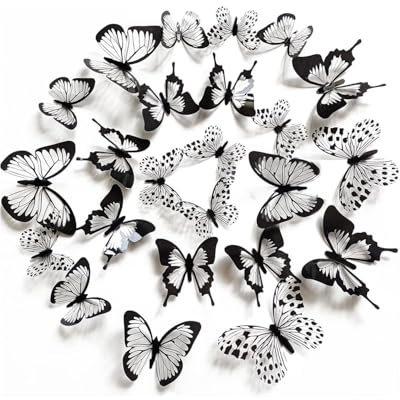 KGDUYC 54pcs 3D Schmetterlinge Schwarz Weiß Wandtattoo Schmetterling Wandaufkleber Dekor Abnehmbare Schmetterling Aufkleber Hohle Wandtattoos DIY Wandkunst für Heimdeko Kinderzimmer Schlafzimmer Deko